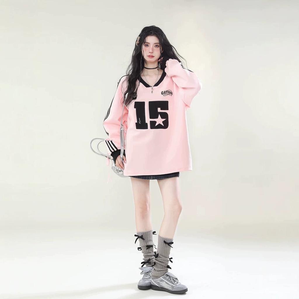 Women's V Neck Long Sleeve Sweatshirt Loose Fit Streetwear Stripe Sleeve Number Letter Print Pullover Top Casual Autumn Sporty Sweatshirt
