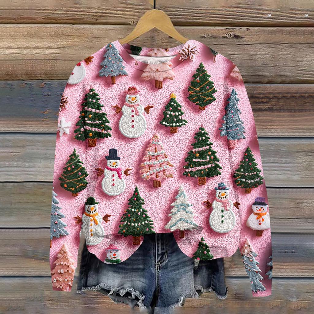 Women's Fashion Christmas Printed Long Sleeve Loose Round Neck Sweatshirt Top