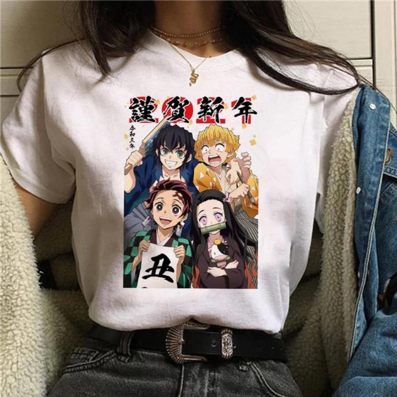 

Японская аниме-футболка Demon Slayer Oversize Женская одежда Nezuko Kawaii Футболки Tanjirou O-Neck Graphic Женская футболка Manga Tops M