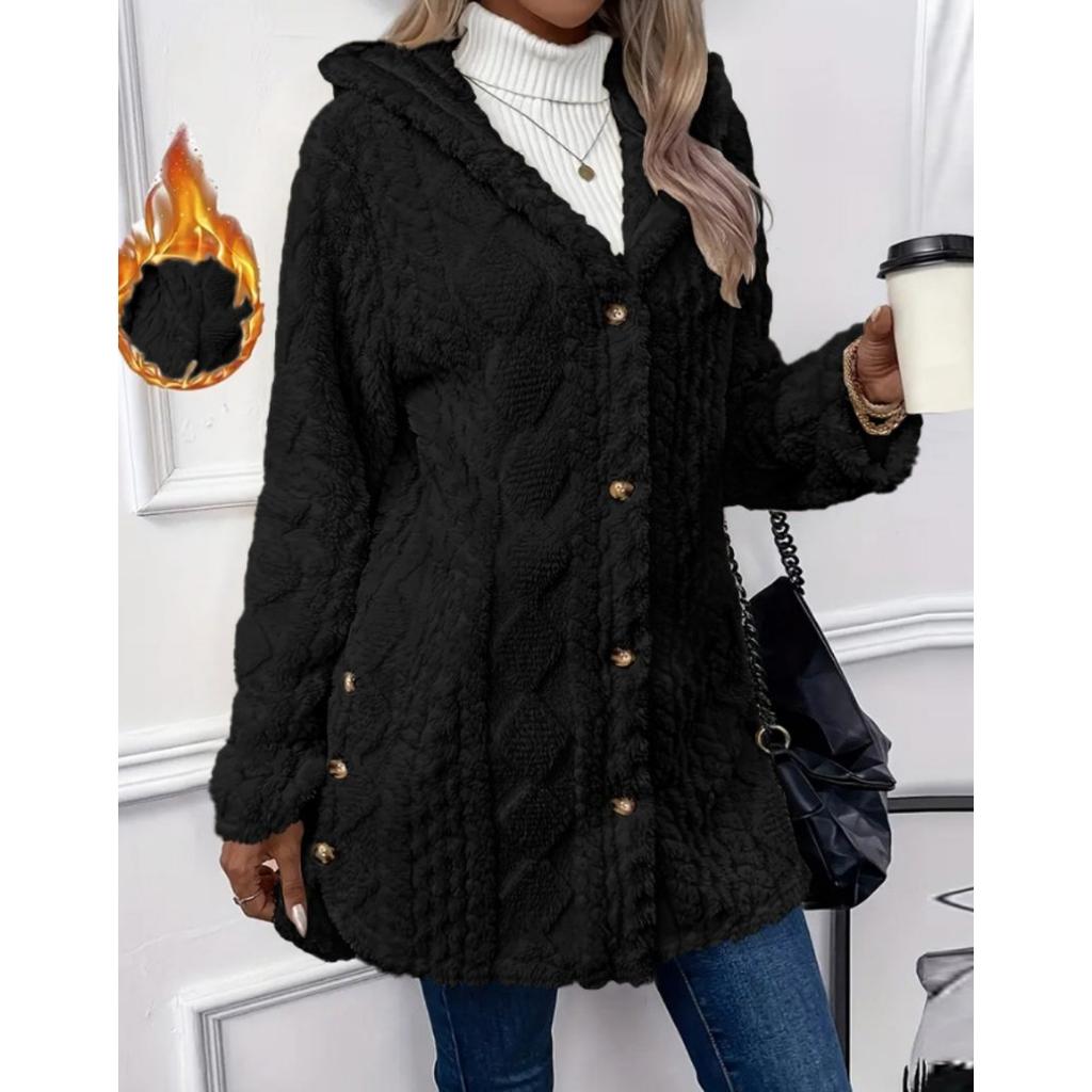 5XL Autumn and Winter Hooded Solid Color Cardigan Button Long Sleeved Casual Jacket