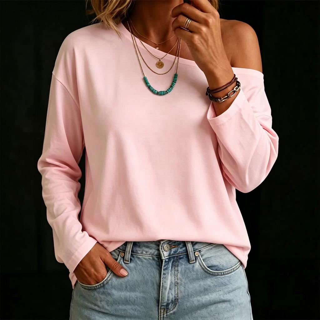 Women's Casual Long Sleeve Loose Fit T-Shirt with Asymmetrical Neckline Color