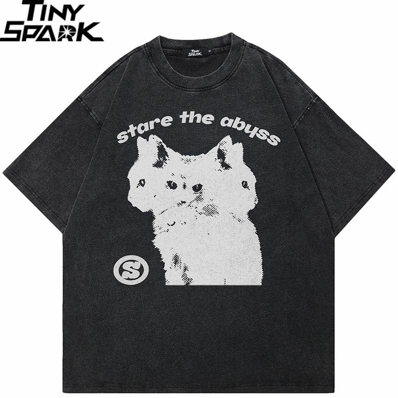 Hip Hop Retro Washed Black TShirt Streetwear Hybrid Cat Graphic T Shirt Cotton Harajuku Men Tshirt Unisex Tops Tees YK