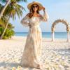 Women's Off Shoulder Tie Print Long Sleeve Fitted Casual Midi Dress