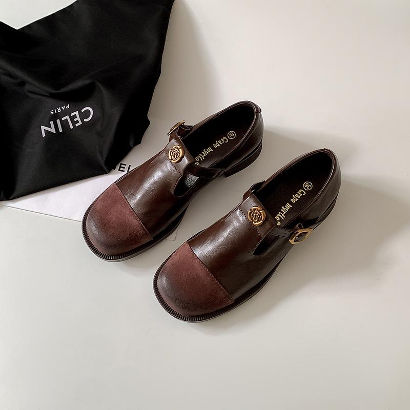 Cowhide Version, Spring New Retro T-button Mary Jane Shoes Women's Brown Loafers Low-heeled Single Shoes Small Leather Shoes Tide
