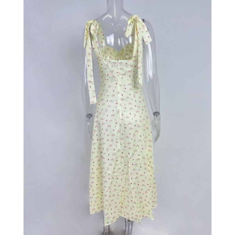 Women's Clothing, V-neck, Camisole, Lace Up, Floral Print, Backless, Slit, Dress