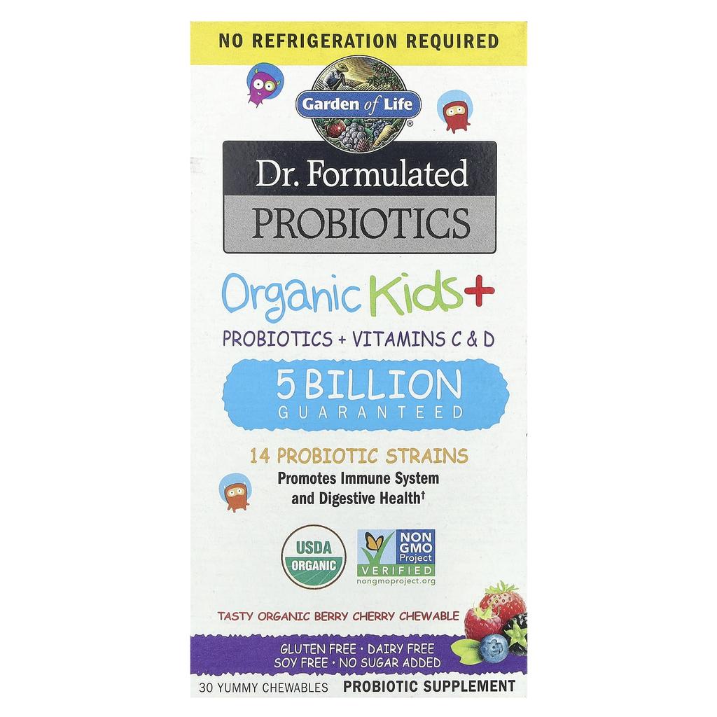 Dr. Formulated Probiotics, Organic Kids +, Delicious Organic Berry Cherry, 30 Chewable Tablets