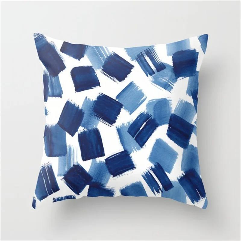 45x45cm Ins Blue Flower Marble Polyester Pillowcase Leaves Geometric Patchwork Cushion Cover Chair Living Room Home Decoration