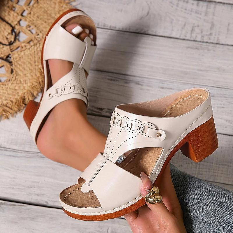 Women's Comfort Chunky Heeled Sandals Summer 2025 Roman Style Pu Leather Casual Slippers Woman Slip On High Heel Sandalias Mujer