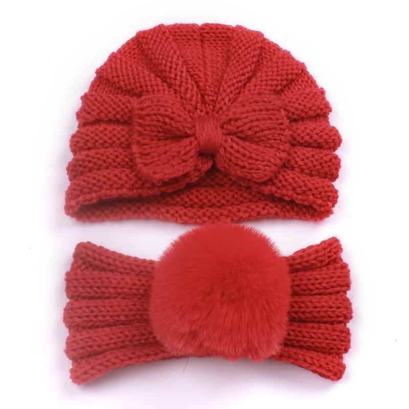 New children's winter warm headscarf hat set, baby bow pullover hat, baby headband