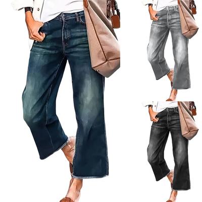 Ladies' Jeans Trend Casual Fashion Straight Leg Wide Leg Mid Waist Casual Fringed Denim Cropped Pants
