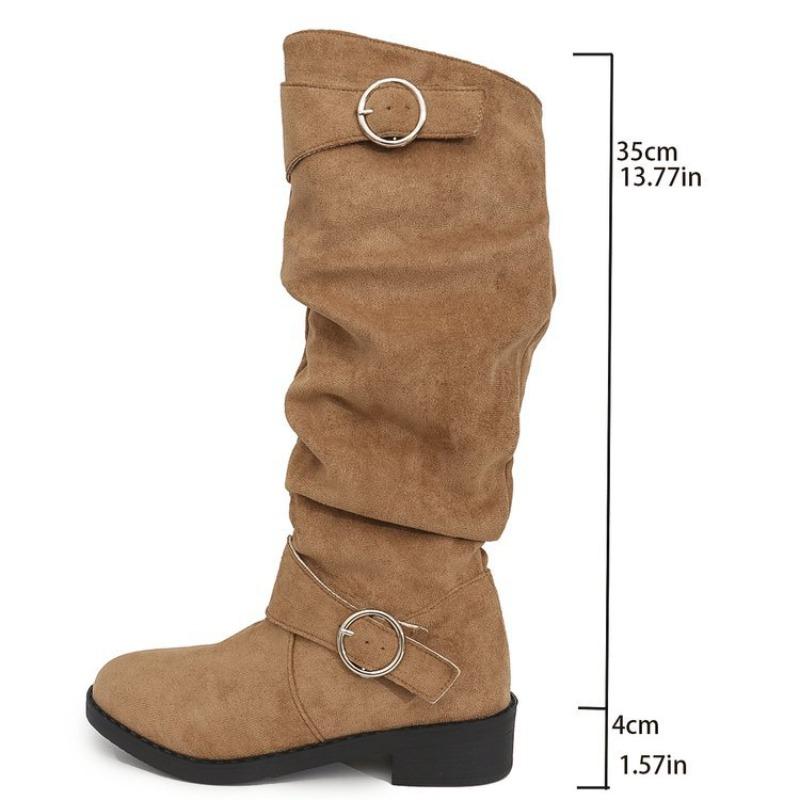 Women's Plus-Size Ruffle Rider Boots - Mid-Calf, Lightweight Fleece-Lined, Belt Buckle, Square Heel, Autumn