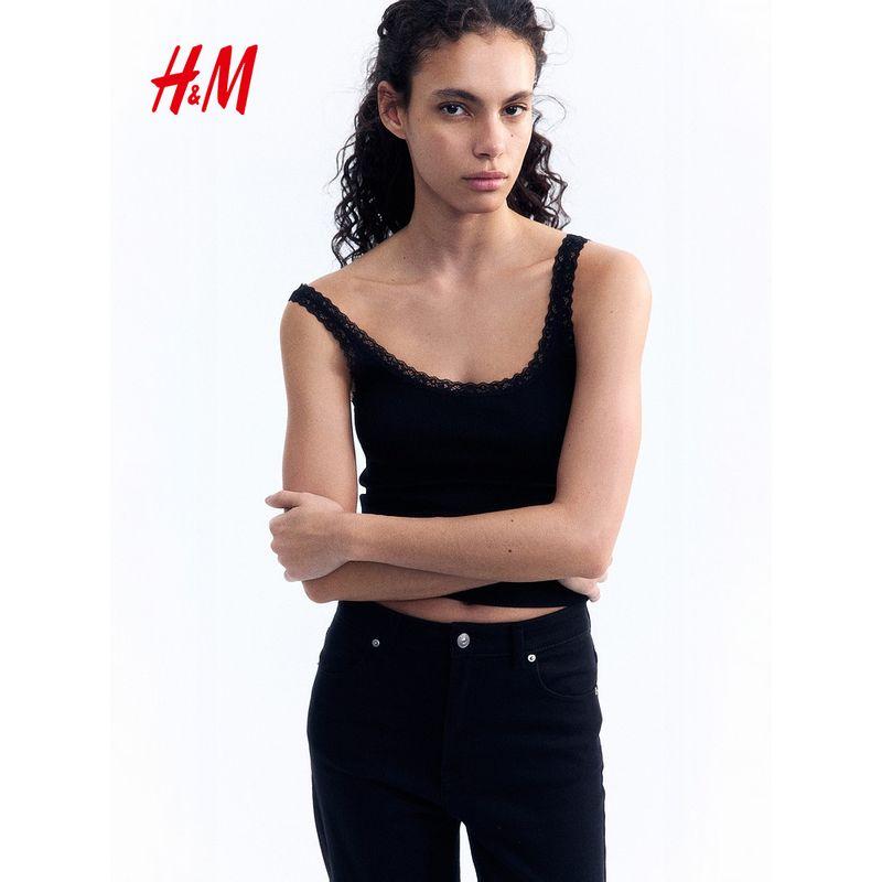 

HM Women clothes Sling 2025 Summer New Low round Neck American Slim fit Lace Edge Sleeveless Vest 1274285 Black 160/88(S)