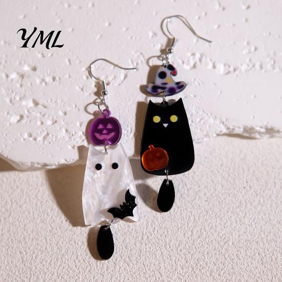 Asymmetrical Pumpkin Bat Jewelry 1 Pair Acrylic Halloween Earrings, Black White Ghost Drop Dangle Earrings with Cat Witch Hat Pumpkin, Gothic