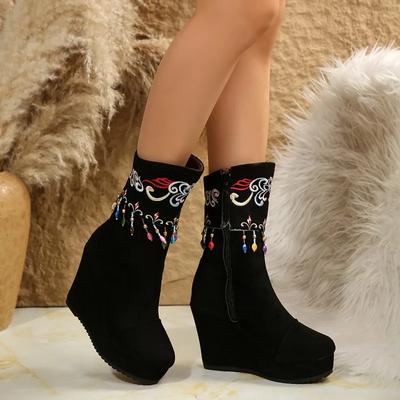 Fashion Wedges Shoes for Women 2024 New Ethnic Style Embroidery Design Women's Suede Boots Super High Heel Winter Womes Shoes Zapatos