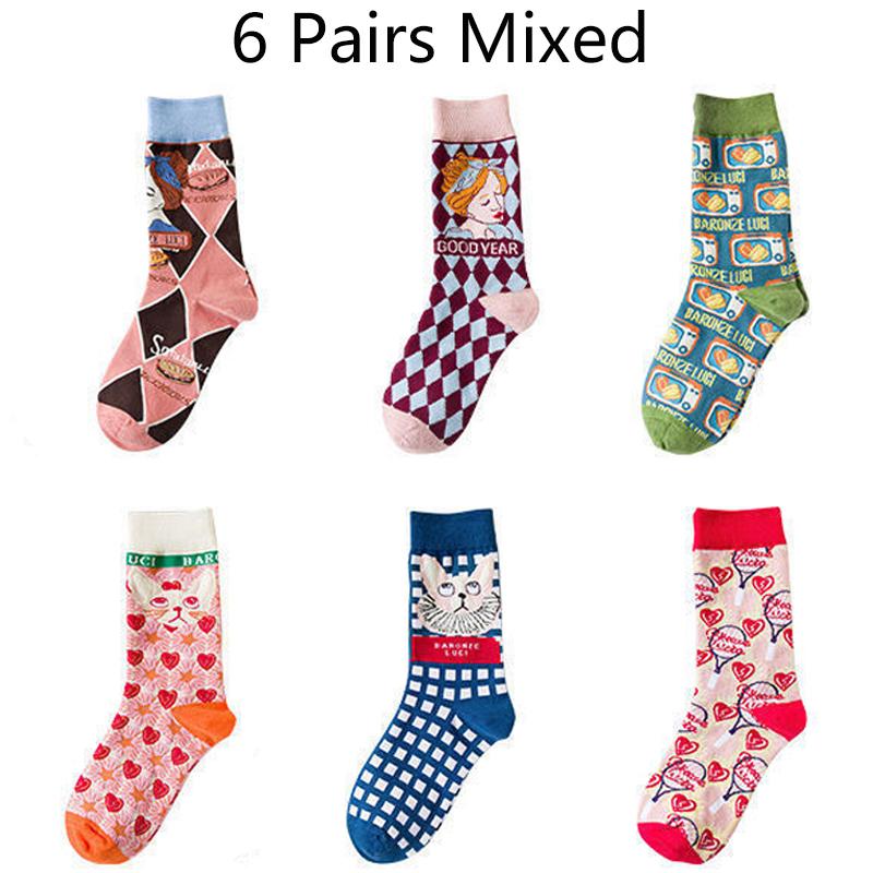 6 Pairs Graffiti Socks Fashion Personality Tide Socks Cat Cute Cartoon Animal Ins Trend Couple Socks Mid Tube Cat Socks Women