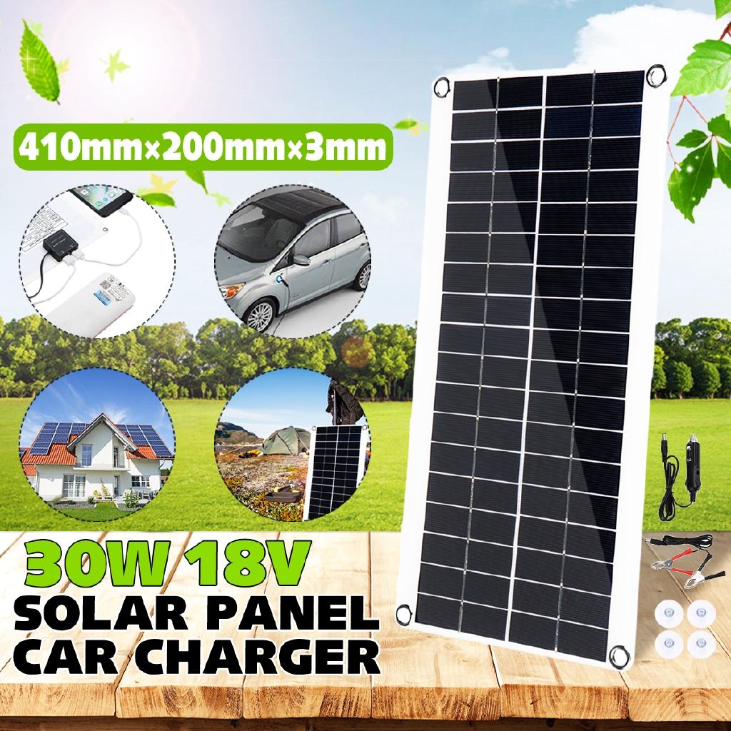 18V Solar Panel Double USB Power Bank Board External Battery Charging Solar Cell Board Crocodile Clips Car Charger 30W