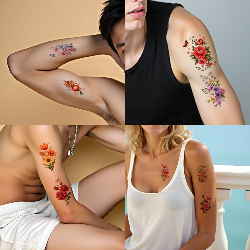 9 Stück Temporäre Tattoos Temporäre Tattoo-Aufkleber Florale Laterne Gelbe Sonnenblumen Orange Lilien Für Schultern Rücken Erwachsene