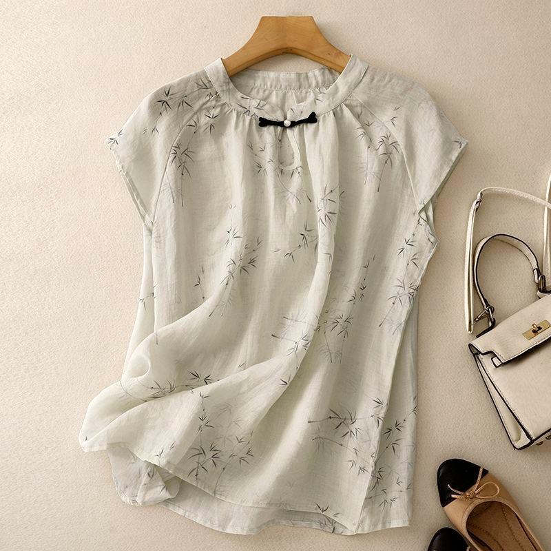 Semi-free Summer New Style Literary and Zen Style Bamboo Leaf Printed Cotton and Linen Chinese Style Loose-fitting Top for Women
