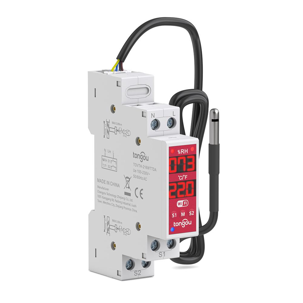 

Tuya Temp & Humidity Sensor WiFi 2-Gang Smart Switch 18mm DIN Rail with , 3840W AC/300W DC, Timer, Smart Life/Alexa/Google AC 16A DC 10A
