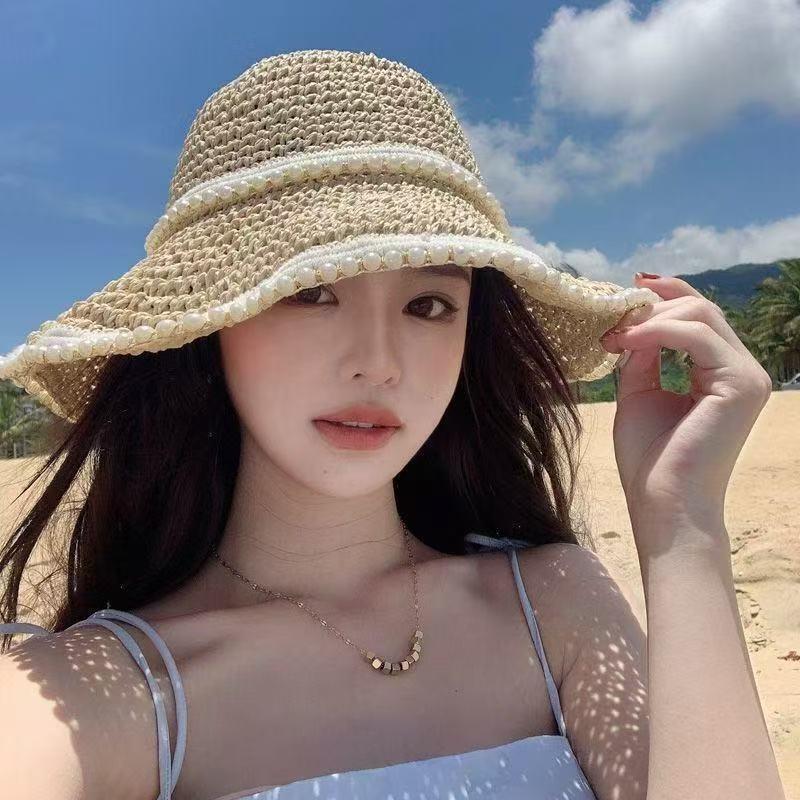 Drop Shipping of Gifts YHY Straw Double String of Pearls SunHat Standard бежевый