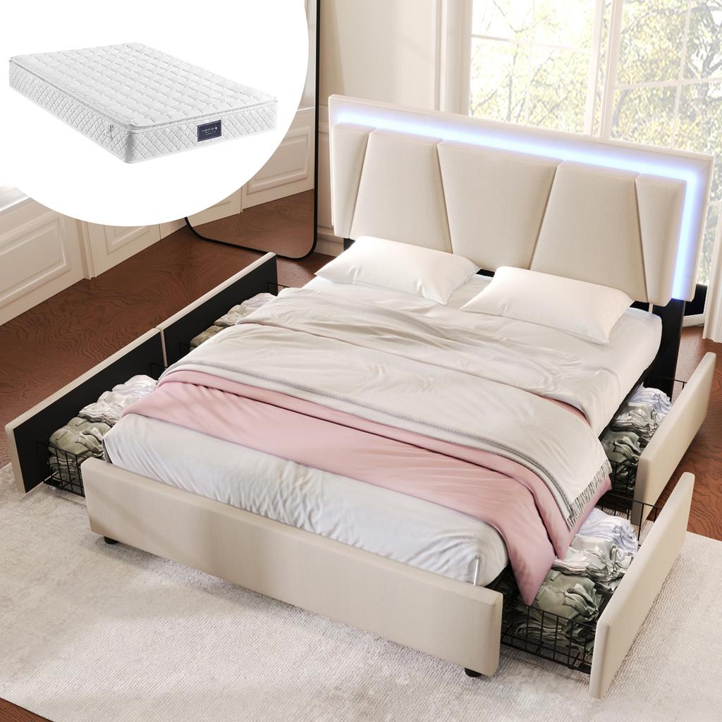 Upholstered Bed with LED Lighting and 4 Drawers, Height-Adjustable Headboard, Double 160x200cm Bed Frame, Wooden Slatted Frame, Beige (With Mattress)
