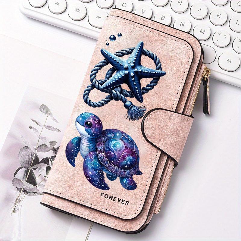 1 Piece Turtle Starfish Women's Long Wallet Tri-fold Card Holder with Multiple Slots Printed Zipper Wallet Cash ID Credit Card Organizer for Travel