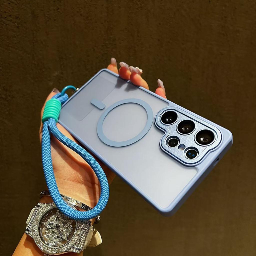 For Magsafe Magnetic Wireless Charging Cover for Samsung Galaxy S25 S24 S23 Ultra Plus Hand Lanyard Matte Lens Shockproof Case