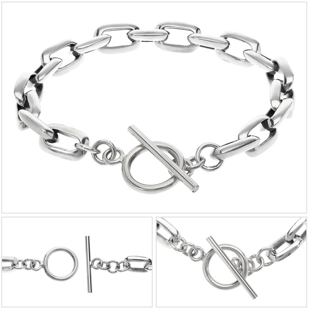 [Shinjuku Gin No Kura] Silver 925 Azuki Chain Bracelet with Mantle and T-Bar, 21cm, Simple Azuki Bean Toggle Clasp