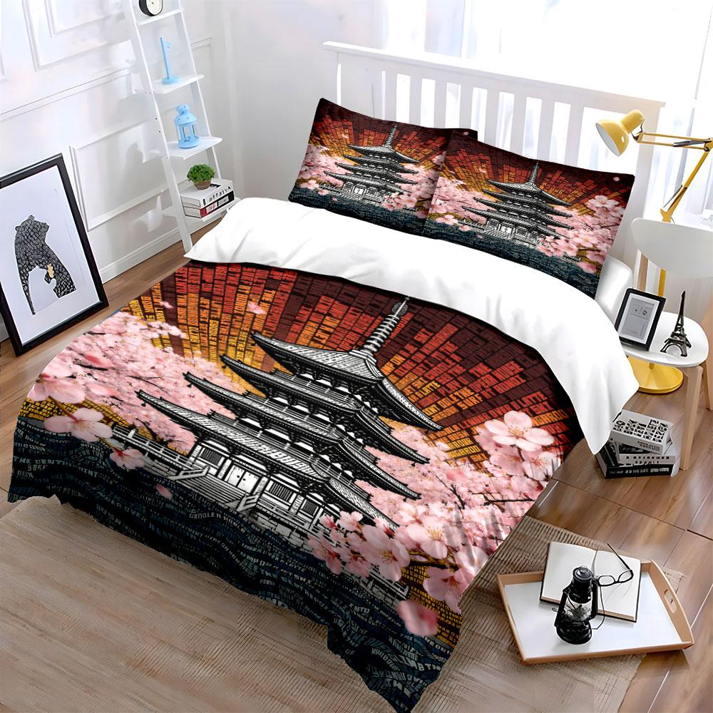Pagoda and cherry blossoms. Bedding sets Duvet cover sets Duvet covers Pillowcases(1 * Duvet Cover 2 * Pillowcases, without duvet insert)