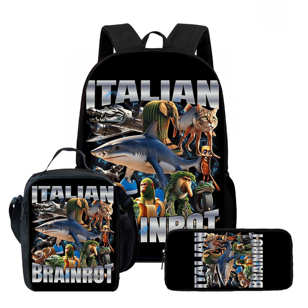 Pcs Set Brainrot Cartoon Child School Backpack with Lunch Bags ,Pencil Bags ,School Bags for Boys Girls Best Gift