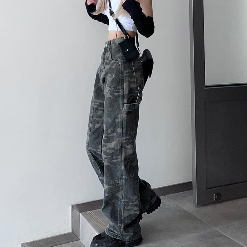 

Весенние Новые Джинсы Рабочая Одежда Камуфляж для Горячих Девушек Уличный Стиль Свободные С Завышенной Талией Широкие Брюки M