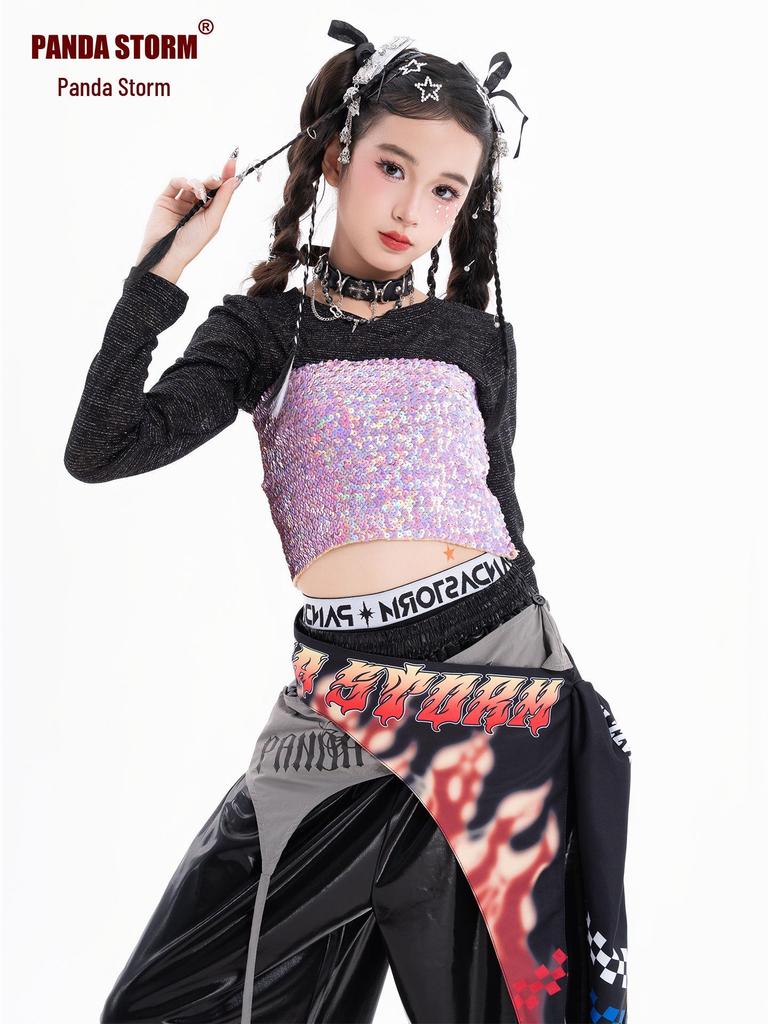 Mädchen Jazz Dance Pailletten Trägerloses Kostüm Set mit Langen Ärmeln und Hose