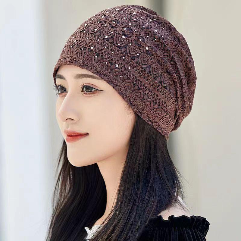 Women's Lace Rhinestone Headscarf: Breathable, Lightweight Spring/Summer Beanie for Hair Coverage
