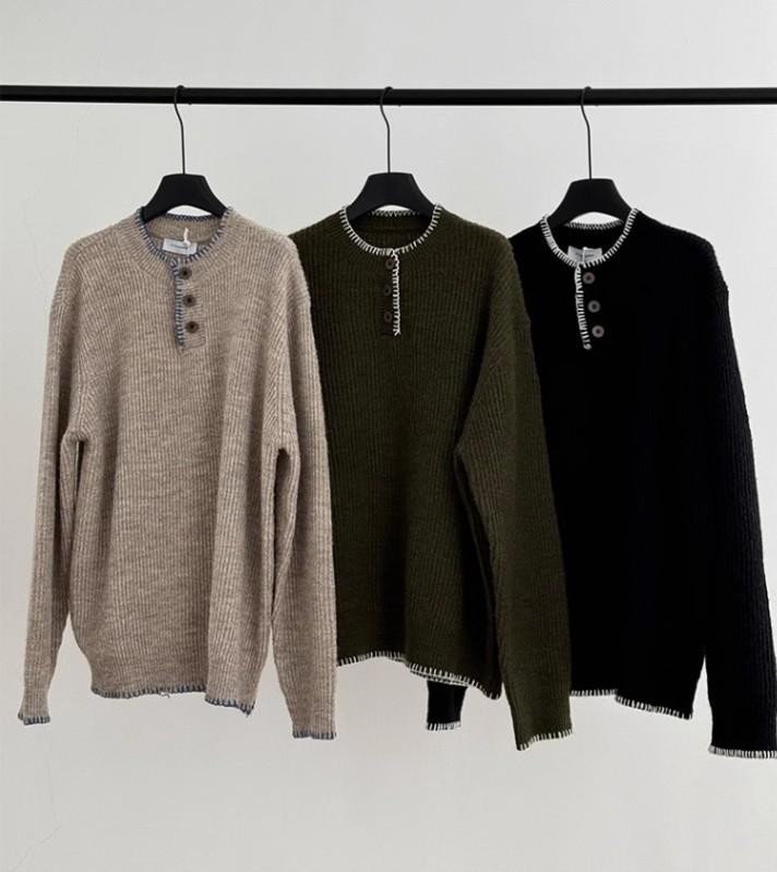 Men's Cleanfit Henley Collar Knit Sweater - Autumn/Winter High-End, Casual Base Layer