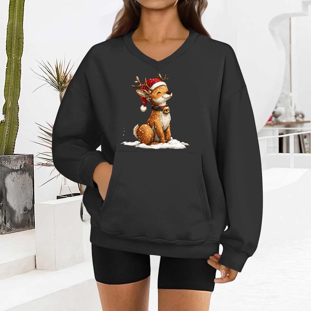 Women's Fashionable Christmas Print Long-sleeved V-neck Sweatshirt