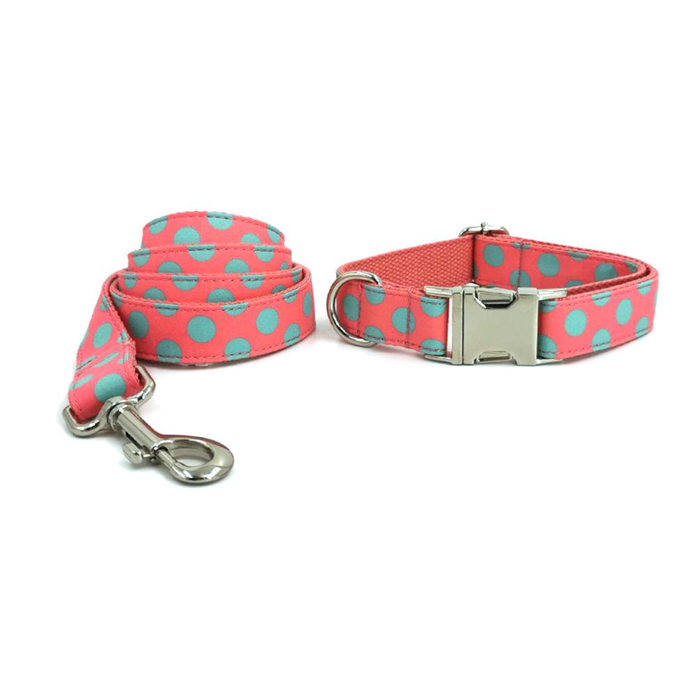 Pink Polka Dot Engraved Anti-Lost Dog Collar and Leash Set M