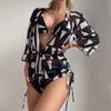 Women Three Piece Swimsuit Set Bikini Top with Removable Padding Triangle Bottom and Printed Beach Cover Up Dress Lightweight Swimwear