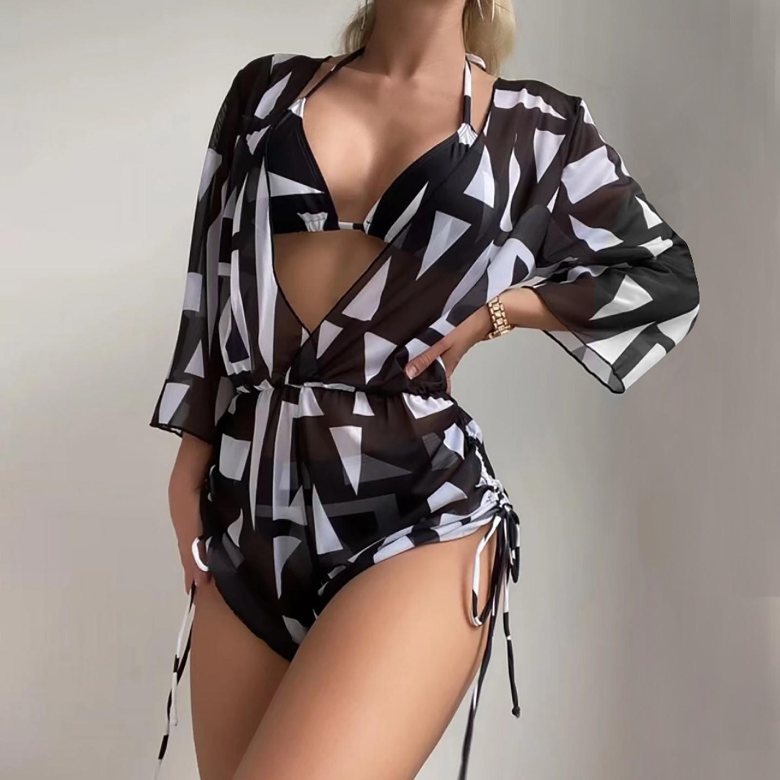 

Женский модный комплект пляжного платья с разрезом в бикини и принтом (3 комплекта с накладками на грудь без стального бюстгальтера) M чёрный