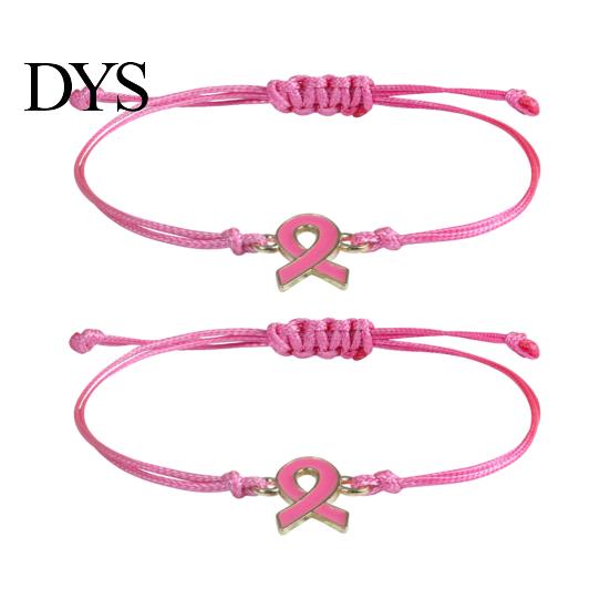 Stackable Wrist Accessories 2 Pcs Breast Cancer Awareness Bracelets, Adjustable Braided String Soft Woven Rope Jewelry Bracelets with Ribbon