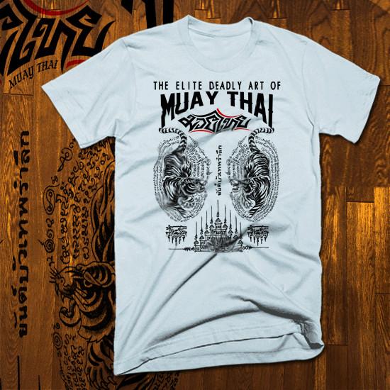 

Muay Thai T-shirt Thai boxing Sak Yant tiger Tattoo Thai Boxer Martial White tee 4XL