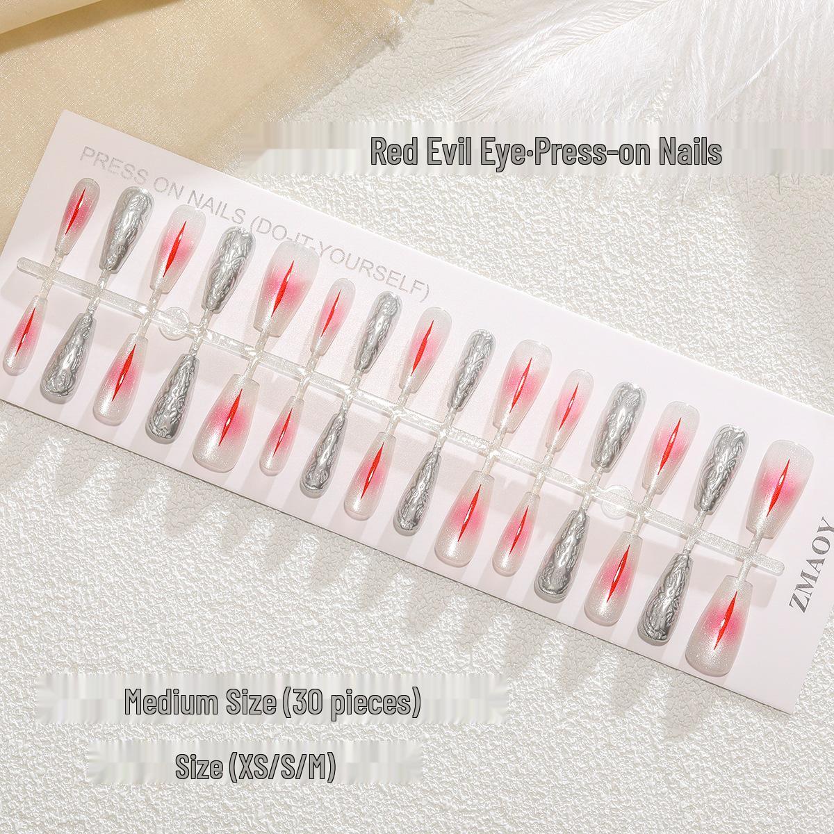 

T449# Red Devil s Eye Trapezoidal Nail Art - Handmade Wearable for XS/S/M