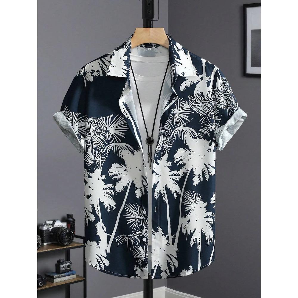 Men's Tropical Plant 3D Print Hawaiian Beach Flower Shirt Casual Slim Fashion Shirt Simple Retro Lapel Short Sleeve Shirt Top