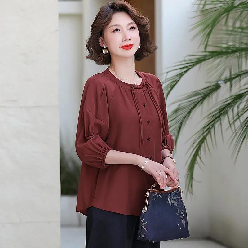 Womens Brown Half Sleeve Blouse With Tie Detail And Button Front