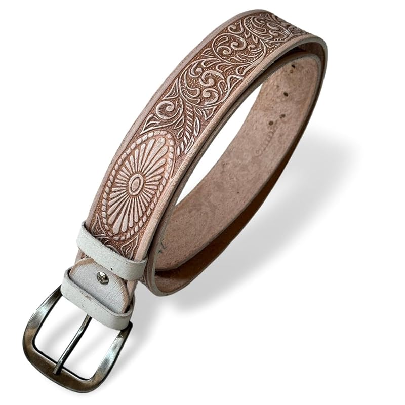 

[Rurumi] leather belt carving genuine leather Embossed men s western leather belt (white, 44 inches/111cm)