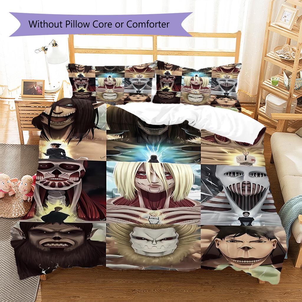 Pościel z motywem Attack on Titan, Zestaw kołdry Poszewka na kołdrę Poszewka na poduszkę Domowy prezent urodzinowy (1 * poszwa na kołdrę + 2 * poszewki na poduszki, bez rdzenia)