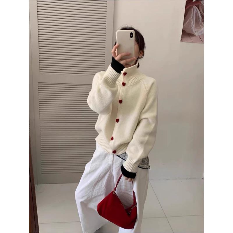 Spring new love buckle design sense knitted cardigan loose soft waxy temperament sweater jacket women