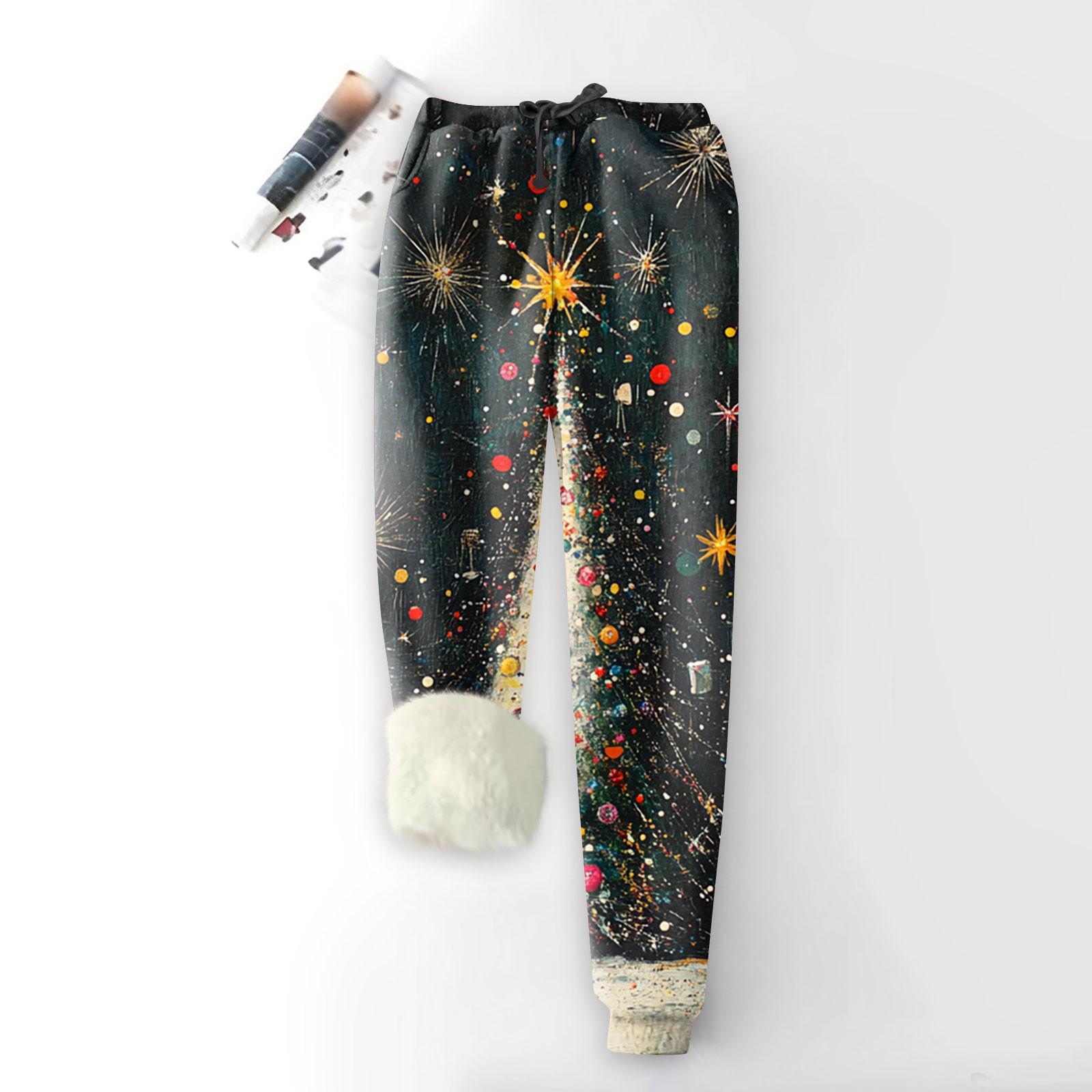 

Женские модные рождественские спортивные свободные утолщенные теплые флисовые брюки с принтом XXXL тёмно-синий