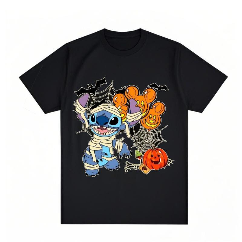 Stitch Halloween Women UnisexTShirt Soft Breathable Round Neck Short Sleeve Top with Spooky Pumpkin Bat Design Fun Casual S