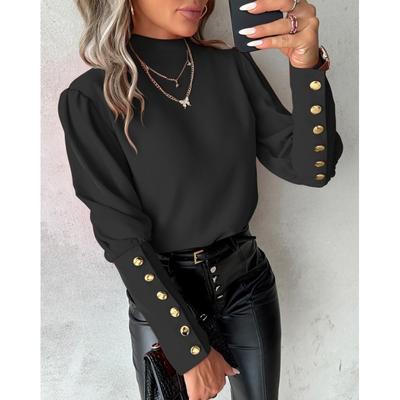 Frühling Herbst Langarm Solide Rundhals Knopf Hemd für Frauen Elegante Blusen