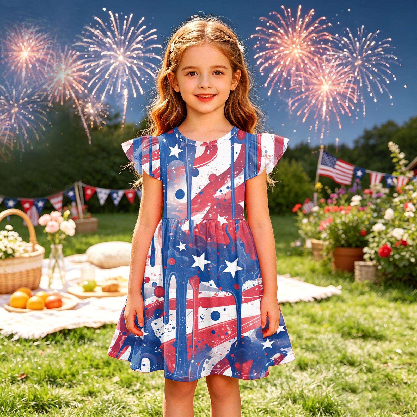 

Girls Short Sleeve Dress with Star and Print Round Neck Soft Fabric Comfortable Fit for Daily Wear or Special Occasions 140